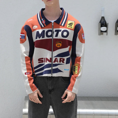 men Casual Knitwear Zip up Motorcycle Jumper Vintage Racing Jacket