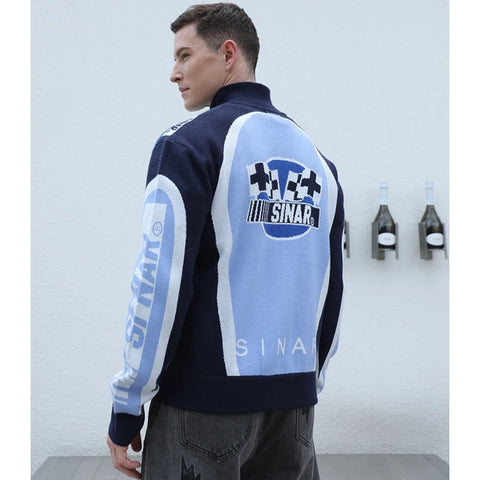 Men Casual Knitwear Zip up Motorcycle Jumper Vintage Racing Jacket