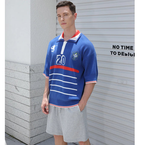 Men Short Sleeve Casual Knitwear Vintage Football Polo Knit Jumper
