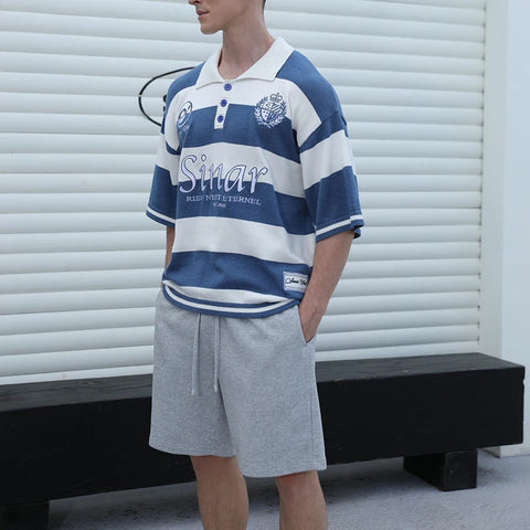 Men Short Sleeve Casual Stripe Football Polo Shirts Men Knitted Jersey