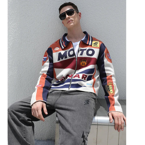 Men Casual Knitwear Zip up Motorcycle Jumper Racing  Jacket Coat