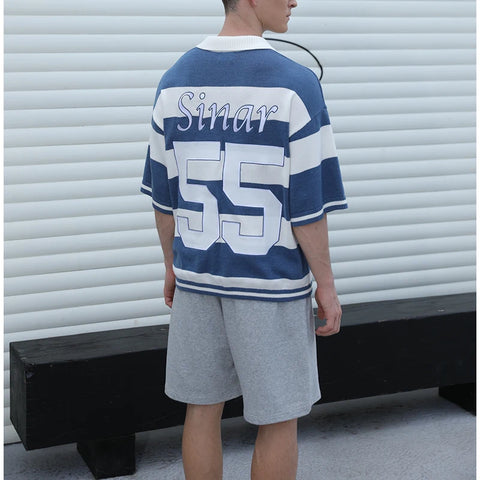 Men Short Sleeve Casual Stripe Football Polo Shirts Men Knitted Jersey