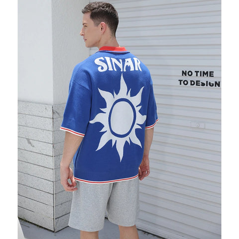 Men Short Sleeve Casual Knitwear Vintage Football Polo Knit Jumper